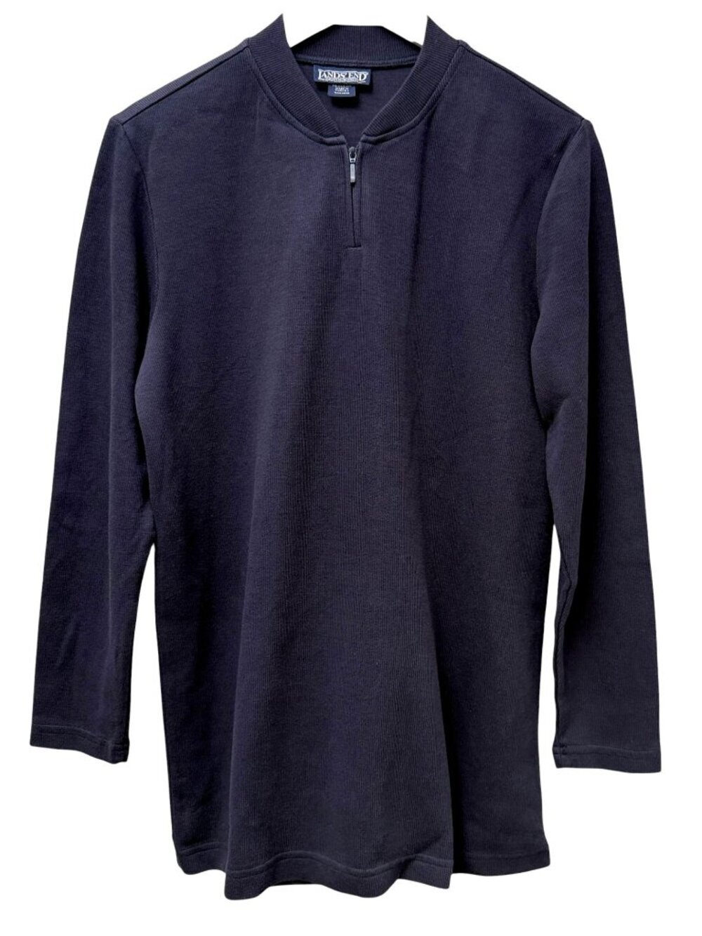 LANDS END Womens Top Medium Navy Blue 1/4 Zip Cotton Rib Knit Pullover Casual
